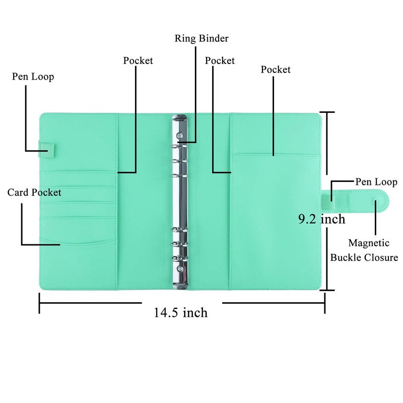 Antner A5 Notebook Binder 6 Ring Refillable Budget Planner Cover for Cash Organizer, PU Leather Loose Leaf Photocard Holder Aesthetic Binder with Magnetic Buckle for A5 Planner Inserts, Light Green - Image 2